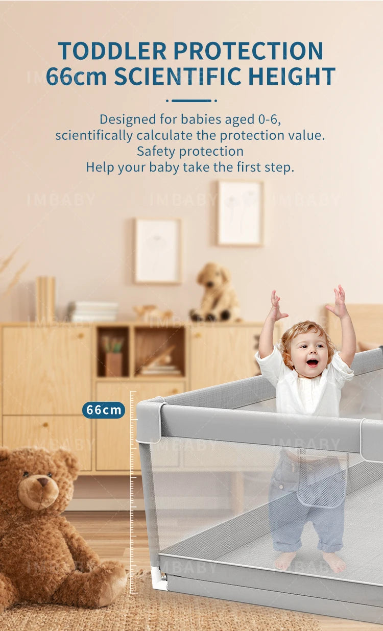 Gray baby playpen with mesh sides and 66cm height toddler protection in living room.