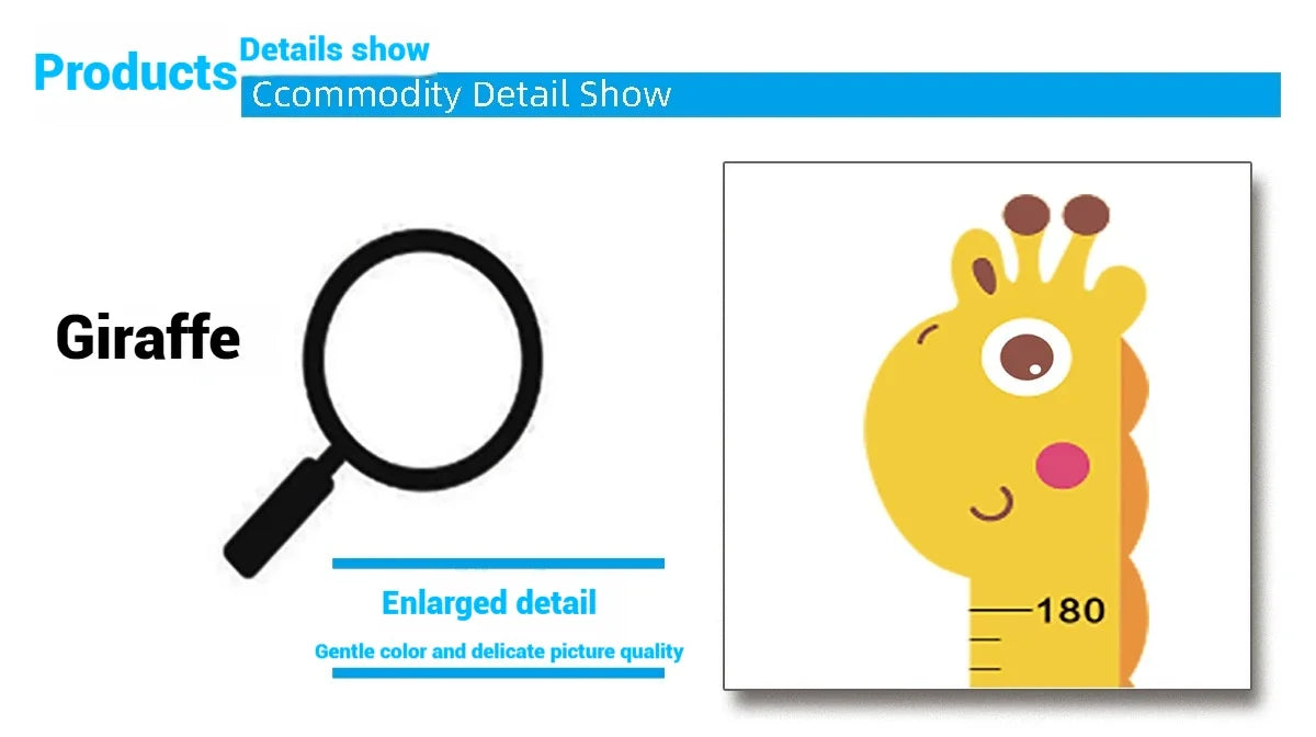 Close-up detail of yellow giraffe growth chart decal head with height markings and soft colors.