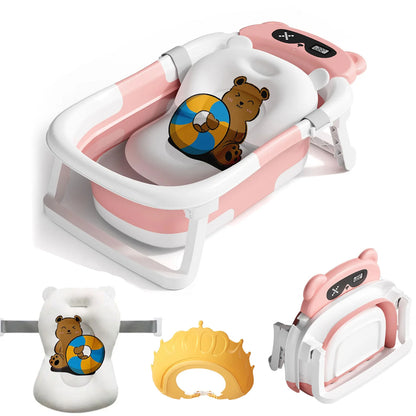 Foldable pink baby bathtub with bear cushion, digital thermometer, head brush, and splash guard unfolded and folded.
