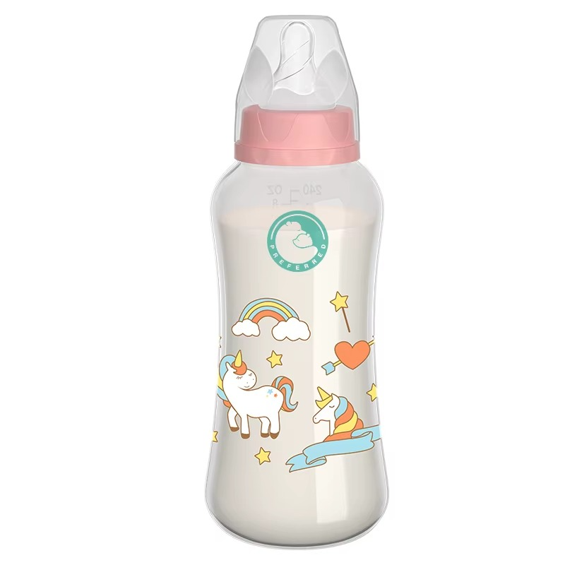 150ml BPA-free baby bottle with pink lid and unicorn-themed design, easy grip handles, filled with milk.