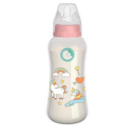 150ml BPA-free baby bottle with pink lid and unicorn-themed design, easy grip handles, filled with milk.