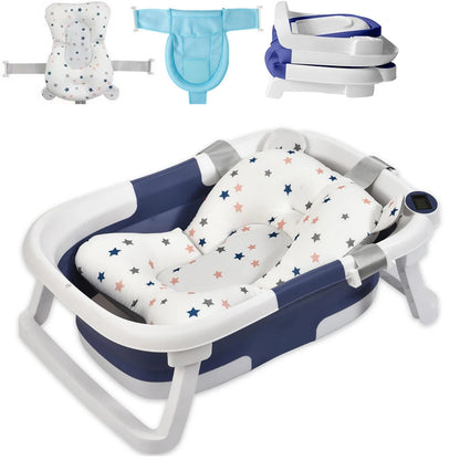 Foldable baby bathtub Type 3 Navy blue with star cushion, digital thermometer, and mesh sling.