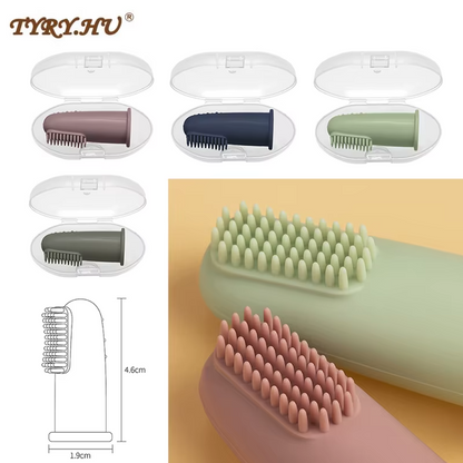 Set of baby silicone finger toothbrushes in various colors with bristle close-up and size diagram.