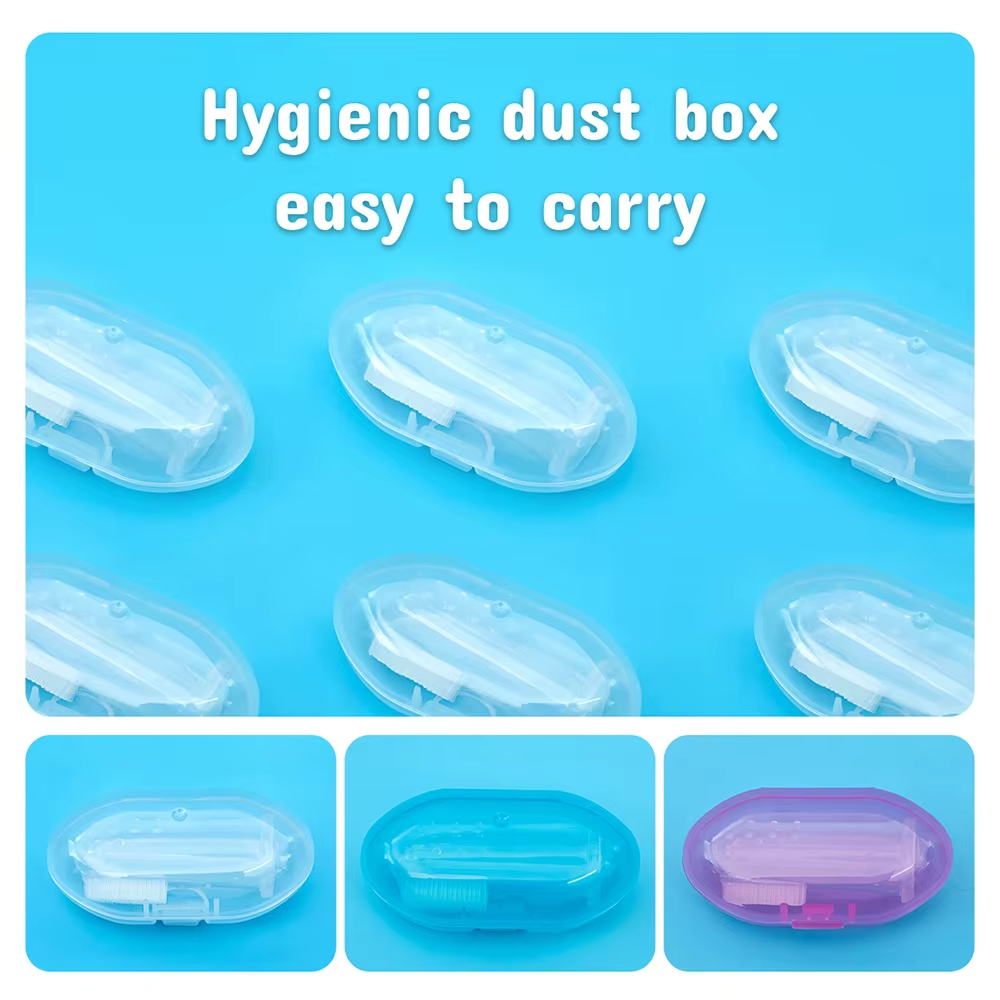 Clear hygienic dust boxes for baby silicone finger toothbrushes shown on blue background.