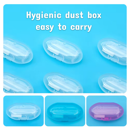 Clear hygienic dust boxes for baby silicone finger toothbrushes shown on blue background.