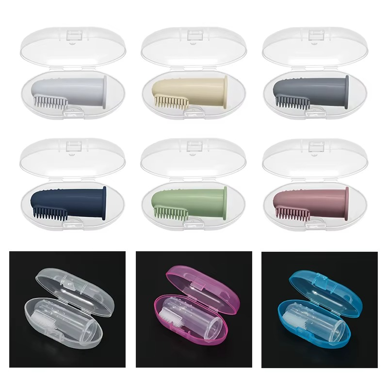 Baby silicone finger toothbrushes in various colors inside clear plastic travel cases.
