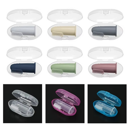Baby silicone finger toothbrushes in various colors inside clear plastic travel cases.