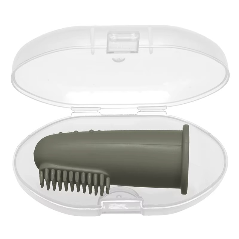 Dark green baby silicone finger toothbrush in clear protective travel case.