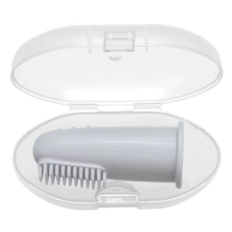 Light gray baby silicone finger toothbrush in clear plastic travel case.