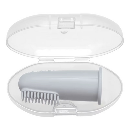 Light gray baby silicone finger toothbrush in clear plastic travel case.