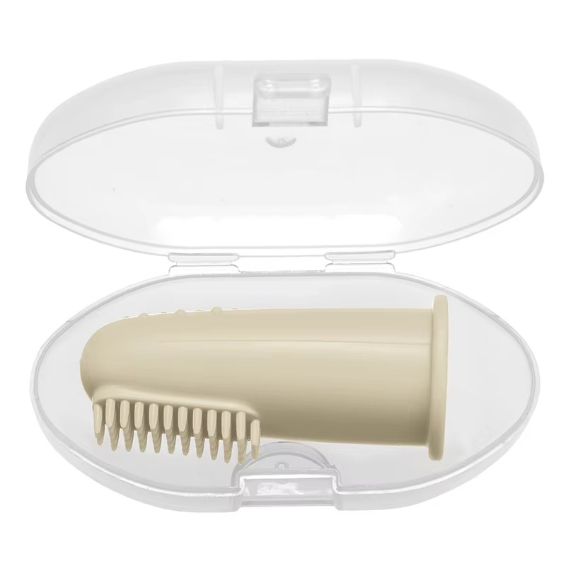 Light yellow baby silicone finger toothbrush in clear plastic travel case.