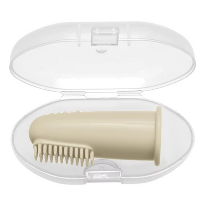Light yellow baby silicone finger toothbrush in clear plastic travel case.
