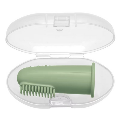 Light green baby silicone finger toothbrush in clear protective travel case.
