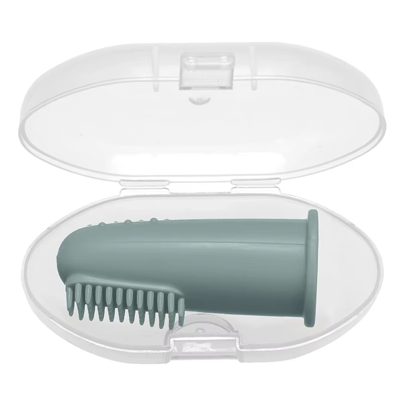 Blue green baby silicone finger toothbrush in clear protective travel case.