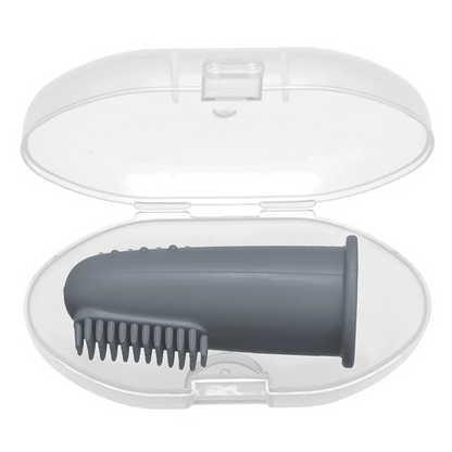 Gray baby silicone finger toothbrush in clear protective travel case.
