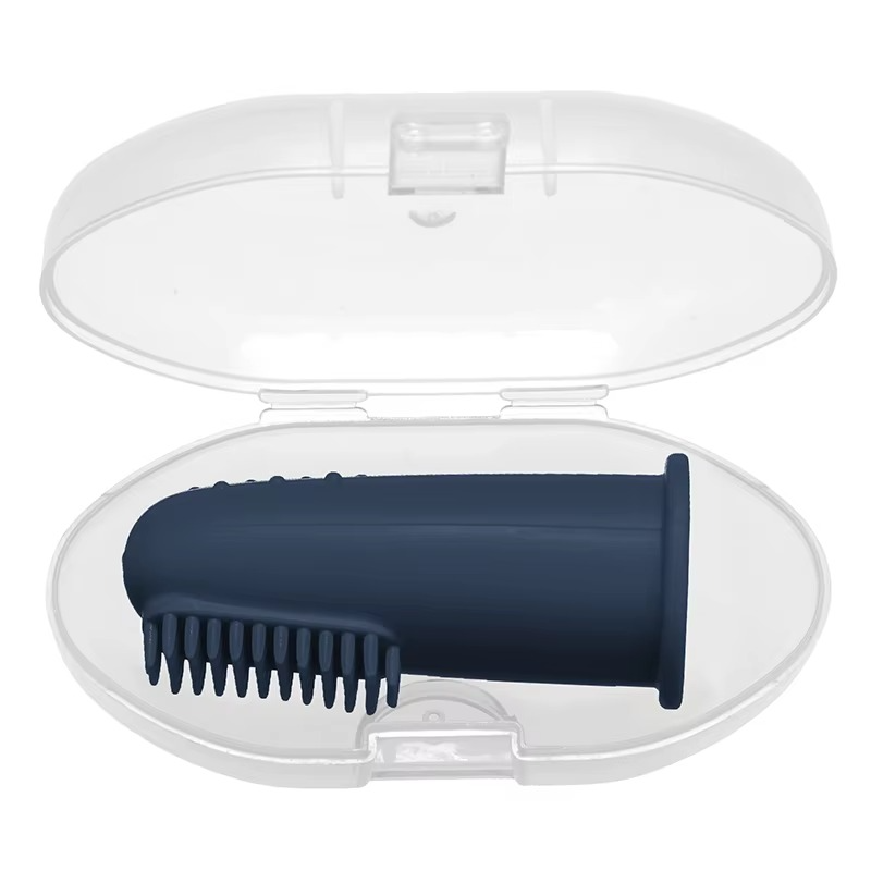 Dark blue baby silicone finger toothbrush in clear plastic travel case.