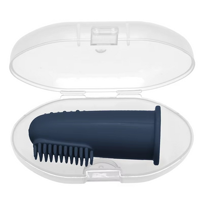 Dark blue baby silicone finger toothbrush in clear plastic travel case.