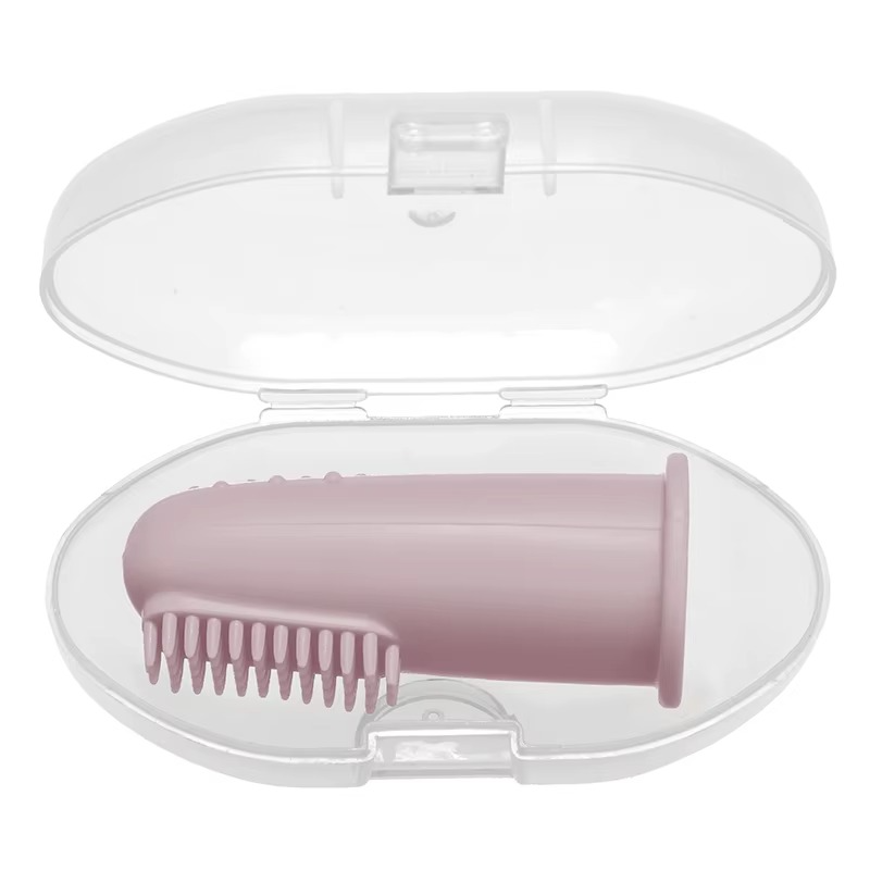 Light pink baby silicone finger toothbrush in clear protective travel case.