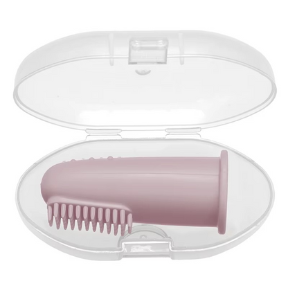 Light pink baby silicone finger toothbrush in clear protective travel case.