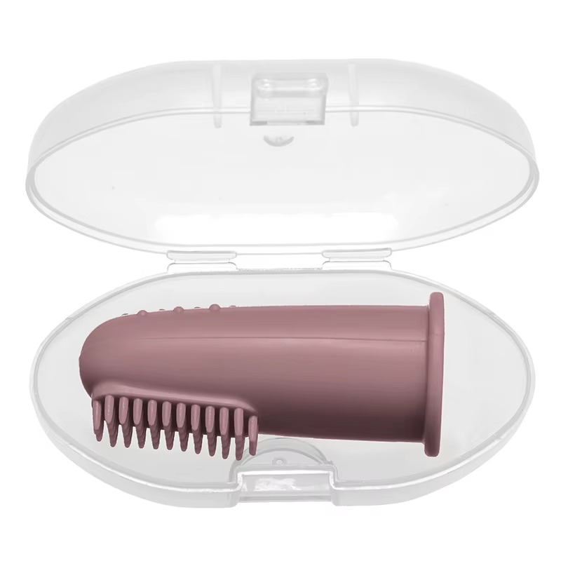 Dark pink baby silicone finger toothbrush in clear protective travel case.
