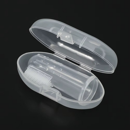Clear case with clear silicone baby finger toothbrush for infant oral hygiene.