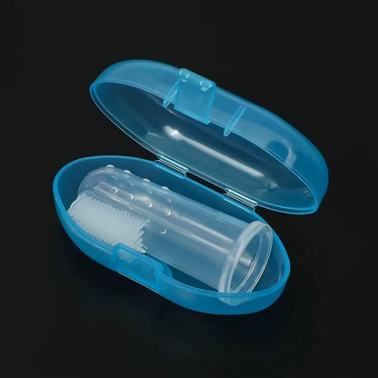 Blue case with clear silicone baby finger toothbrush for gentle gum care.