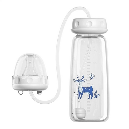 Blue variant hands-free baby bottle with gravity ball and nipple with cover, isolated on white.