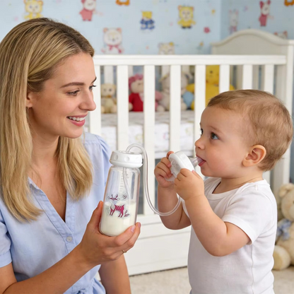 Mother and baby using pink deer print hands-free baby bottle with gravity ball in nursery.