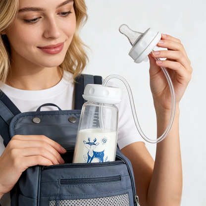 Hands-free baby bottle with blue deer print being packed into backpack, showing portability.