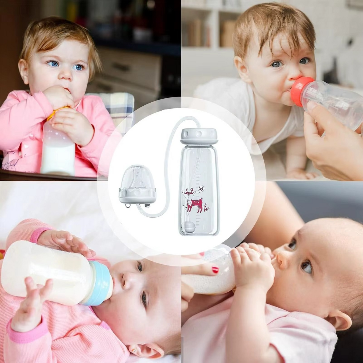 Collage showing hands-free baby bottle with blue deer print and babies feeding with it.