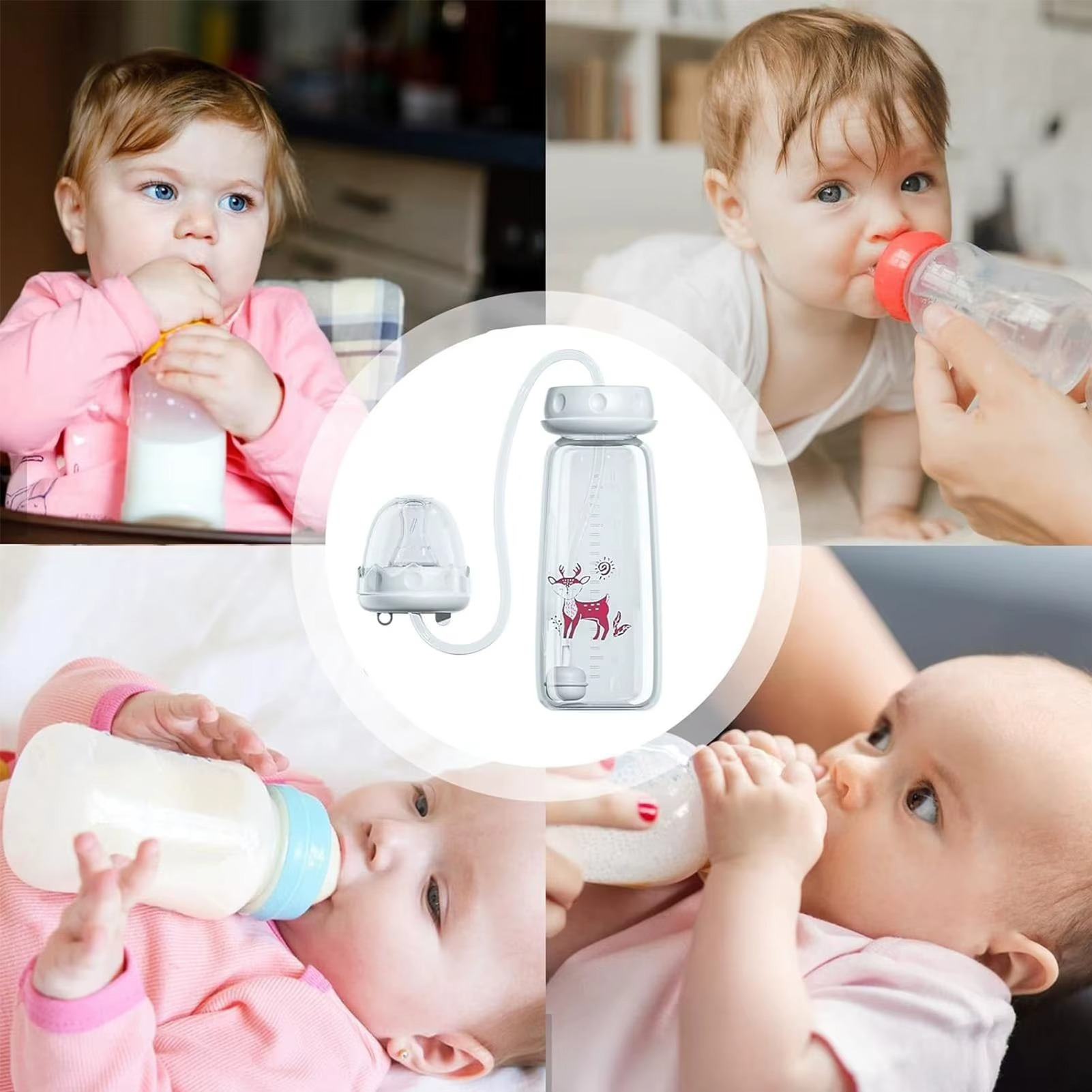 Collage showing hands-free baby bottle with blue deer print and babies feeding with it.