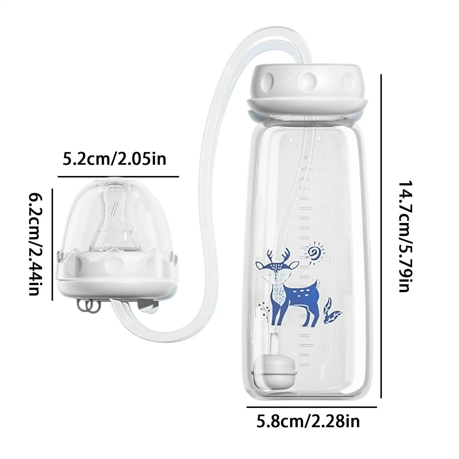 Hands-free baby bottle with blue deer print showing product dimensions in inches and centimeters.