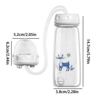 Hands-free baby bottle with blue deer print showing product dimensions in inches and centimeters.