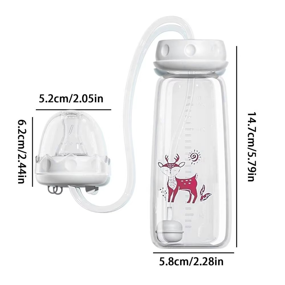 Hands-free baby bottle with pink deer print showing product dimensions in inches and centimeters.