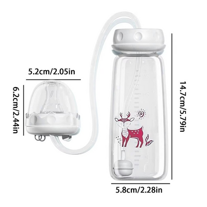 Hands-free baby bottle with pink deer print showing product dimensions in inches and centimeters.