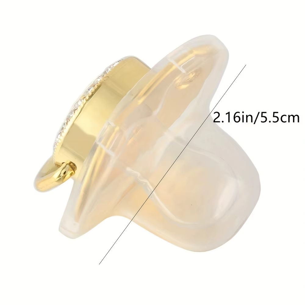 Side view showing 2.16 inch length of clear silicone nipple on gold personalized baby pacifier.
