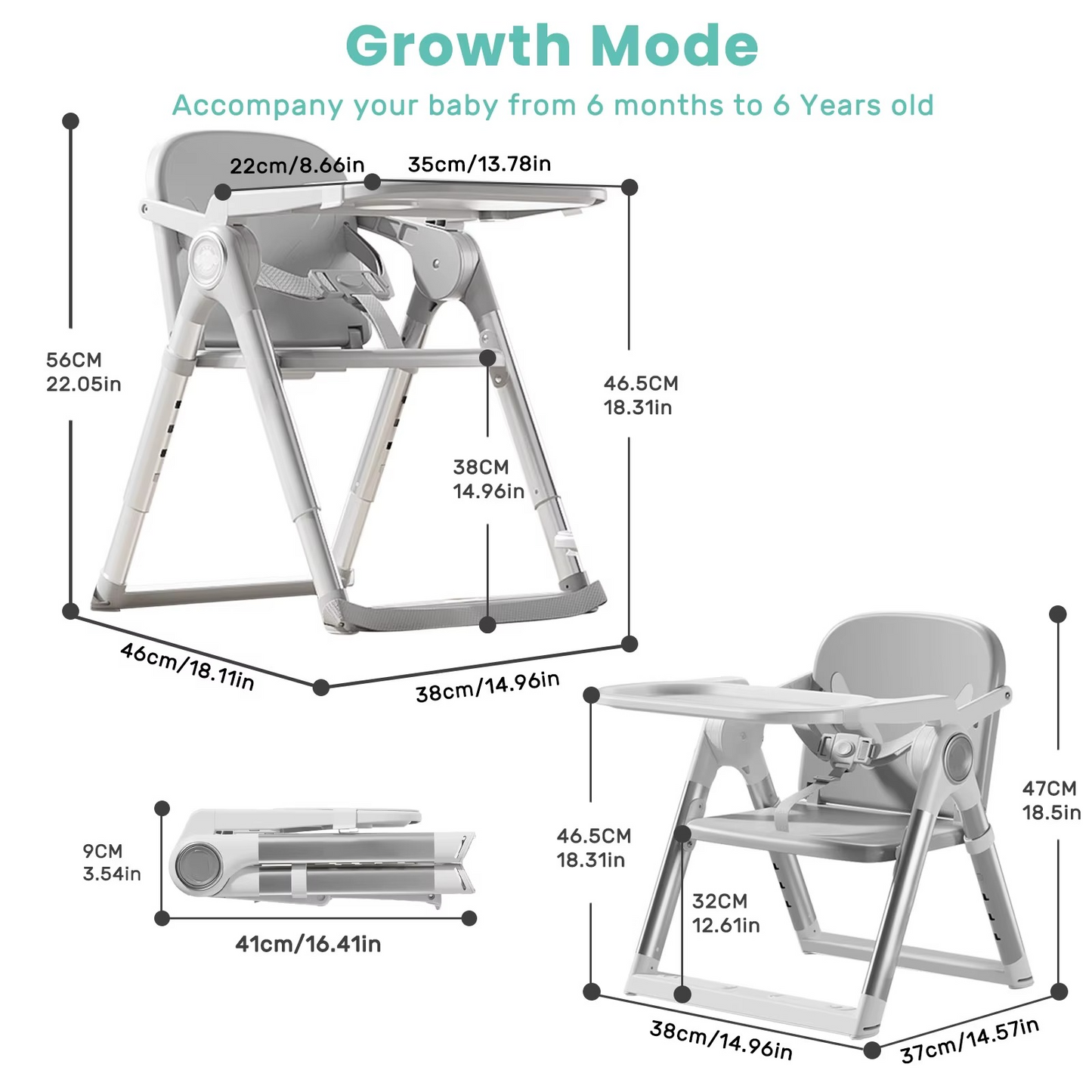 Dimensions and folding size diagram for gray portable baby booster seat high chair.