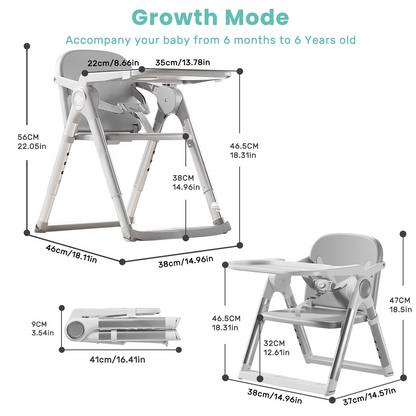 Dimensions and folding size diagram for gray portable baby booster seat high chair.