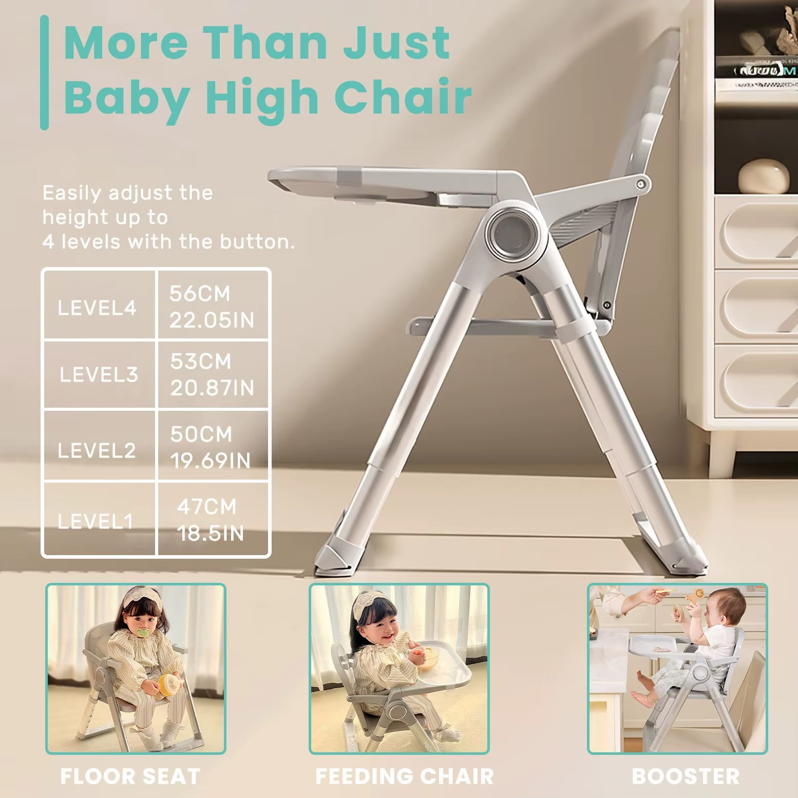 Gray portable baby booster seat side view with height adjustment levels and usage modes.