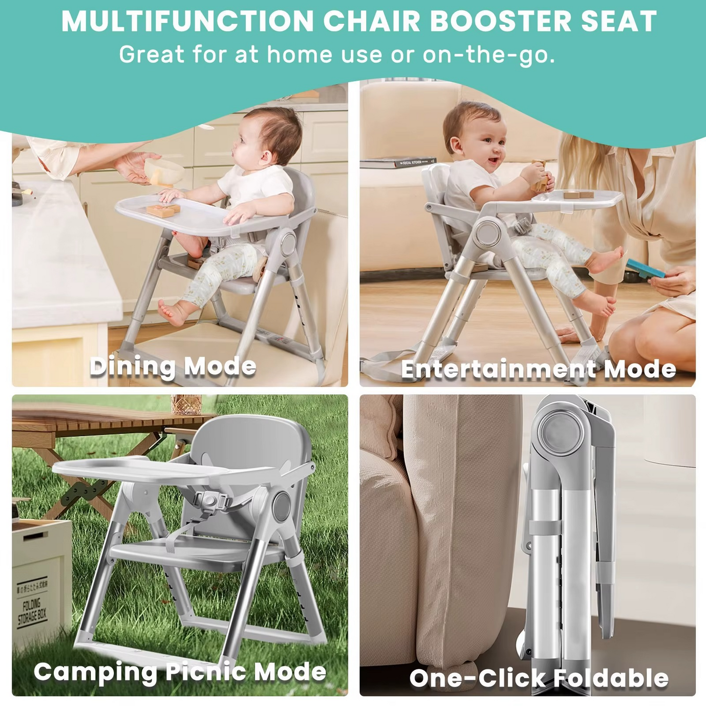 Multifunction modes of gray portable booster seat: dining, entertainment, camping, and foldable storage.