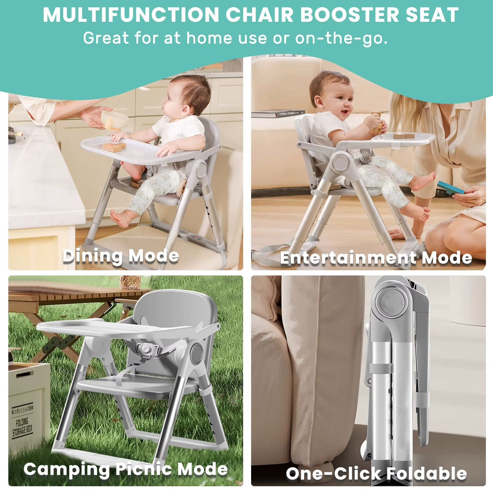 Multifunction modes of gray portable booster seat: dining, entertainment, camping, and foldable storage.