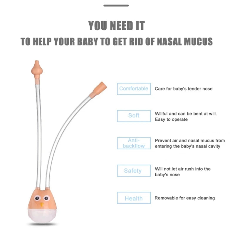 Orange owl baby nasal aspirator with key features text for baby nasal mucus relief.