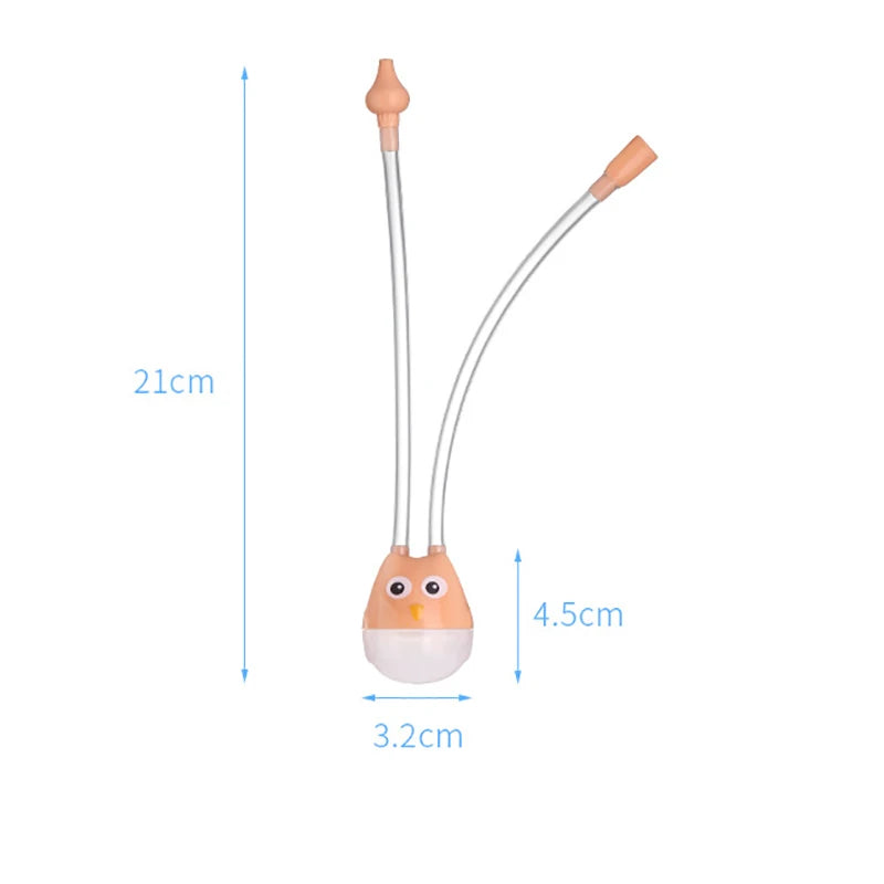 Orange owl baby nasal aspirator with size dimensions for reference.