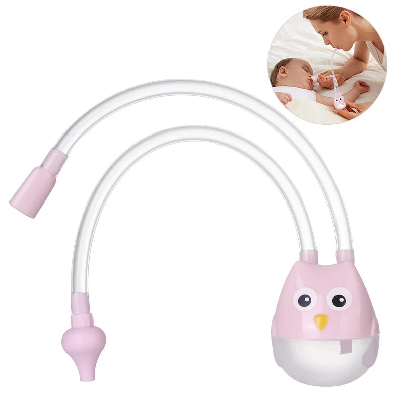Pink owl baby nasal aspirator with two tubes and silicone tips for newborn nasal cleaning.