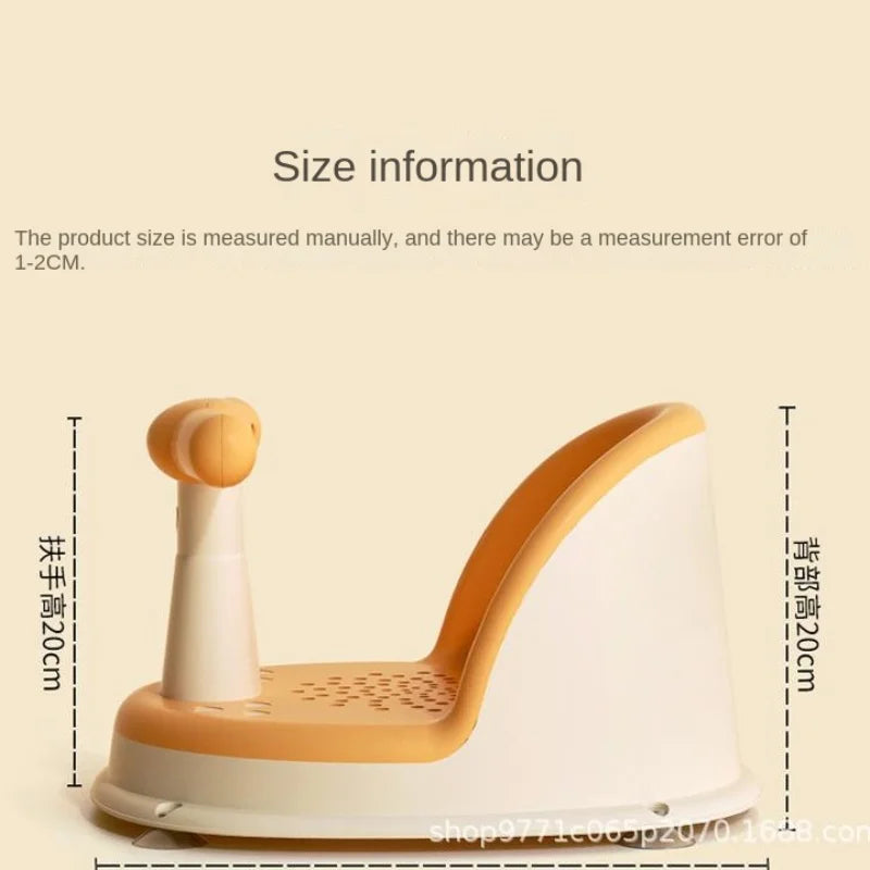 Side view of yellow Comfy Baby Bath Seat with height measurements and size info text.