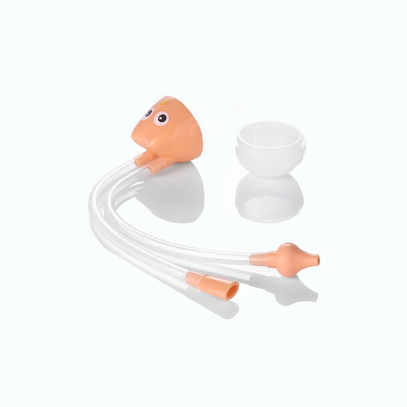 Orange owl baby nasal aspirator parts separated showing tubes and detachable base for cleaning.
