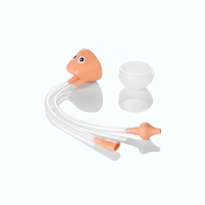 Orange owl baby nasal aspirator parts separated showing tubes and detachable base for cleaning.