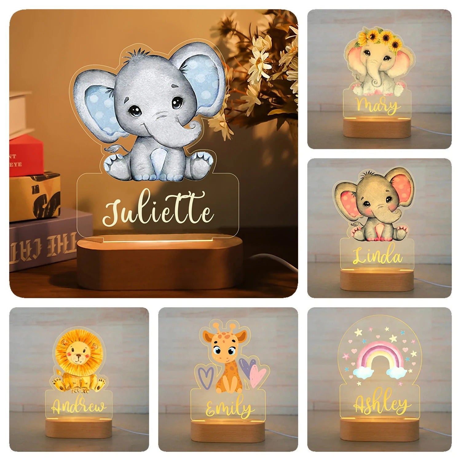Assorted personalized baby night lights with animal and rainbow designs and custom names on wooden bases.