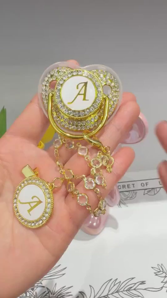 Personalized Baby Pacifier | Gold Initial Letter with Crystal Clip Chain